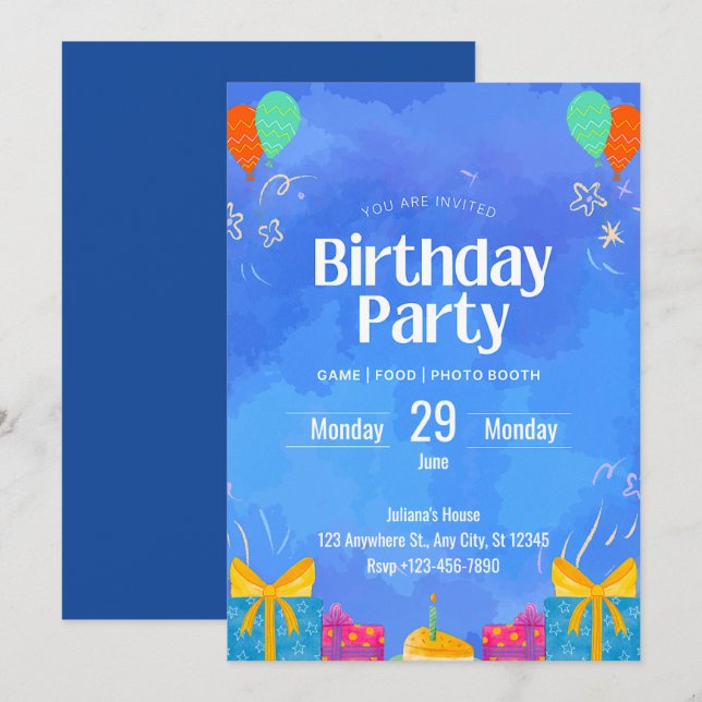 Invitación de cumpleaños moderna azul (Anverso / Reverso)