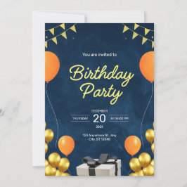Invitación de cumpleaños moderna en azul y dorado