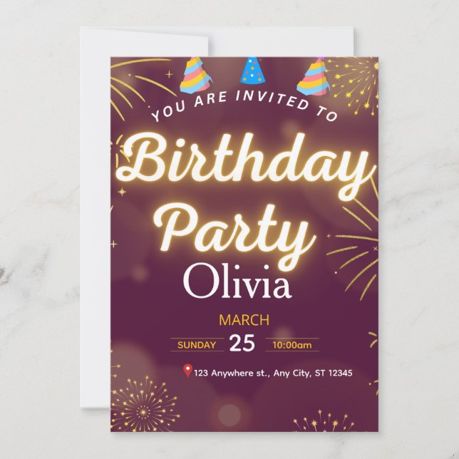 Invitación de cumpleaños moderna en rojo y dorado (Anverso)