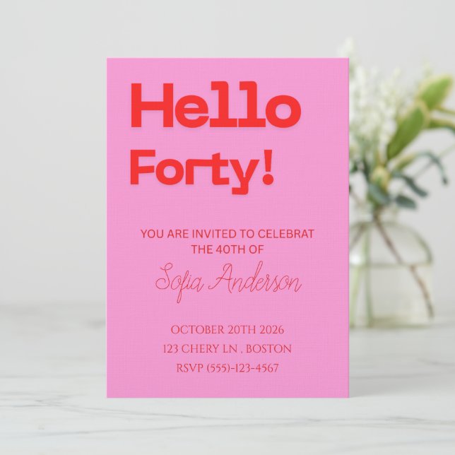 Invitación de cumpleaños moderna en rosa y rojo at (Anverso de pie)