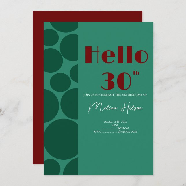 Invitación de cumpleaños moderna en verde y borgoñ (Anverso / Reverso)