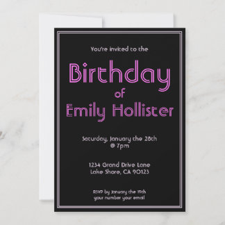 Invitación de cumpleaños moderna | Negro Rosa y Bl