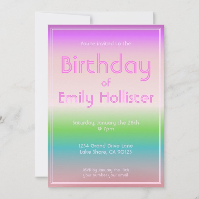 Invitación de cumpleaños moderna | Ombre colorido (Anverso)