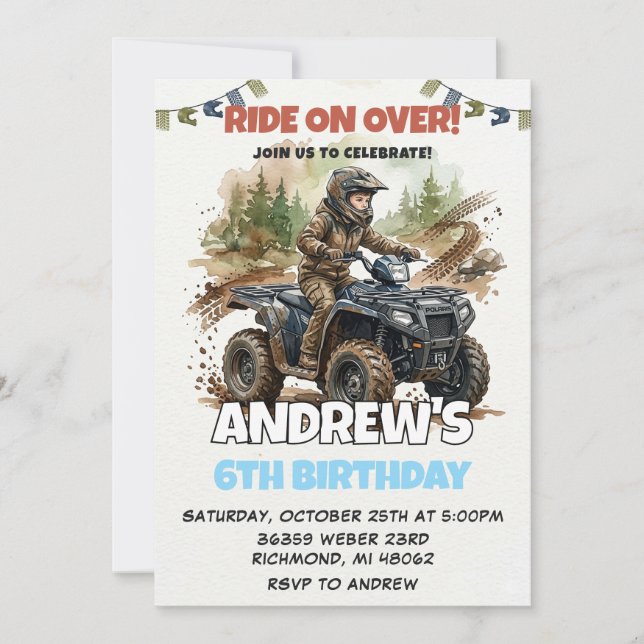 Invitación de cumpleaños moderna para bicicleta AT (Anverso)