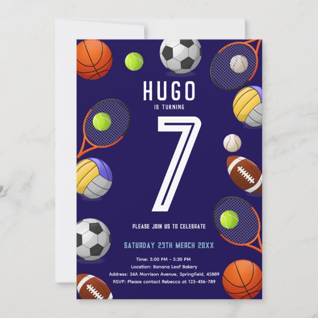 Invitación de cumpleaños moderna para niños deport (Anverso)
