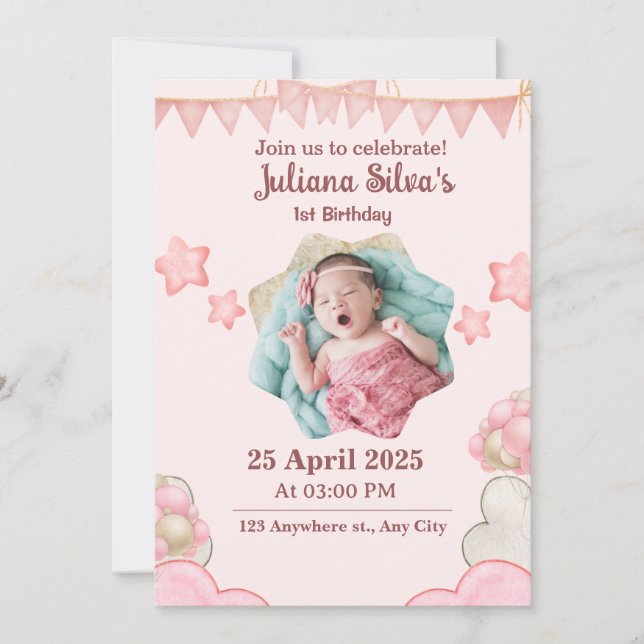 Invitación de cumpleaños moderna rosa (Anverso)