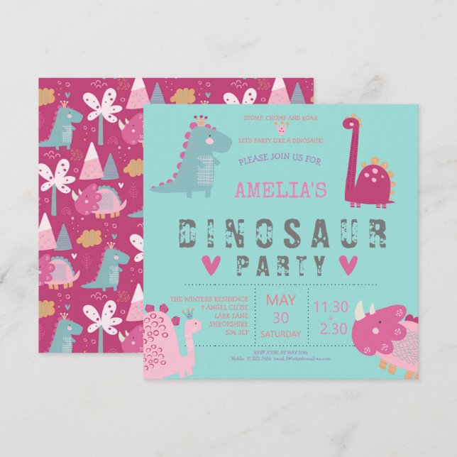 Invitación de cumpleaños moderna rosa linda de din (Anverso / Reverso)