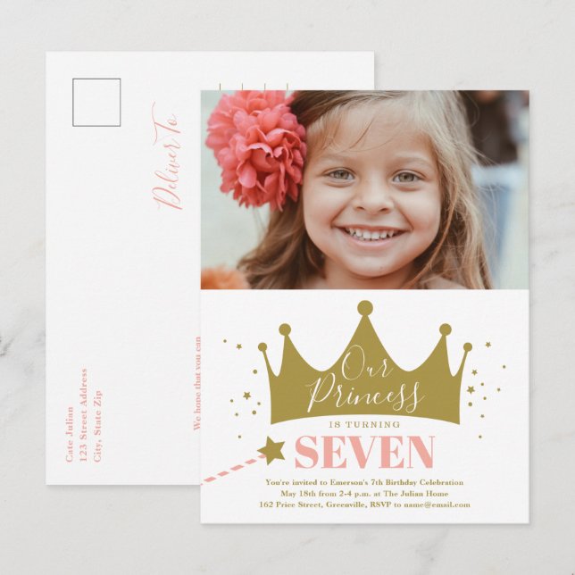 Invitación de cumpleaños moderna rosa para princes (Anverso / Reverso)