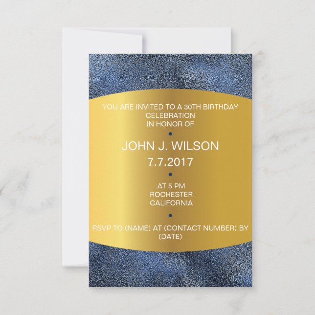 Invitación de cumpleaños moderna Vip azul metálico (Anverso)