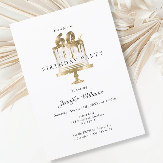 Invitación de cumpleaños moderna y elegante 60. (Modern, elegant, white, cake, 60. birthday invitation.)