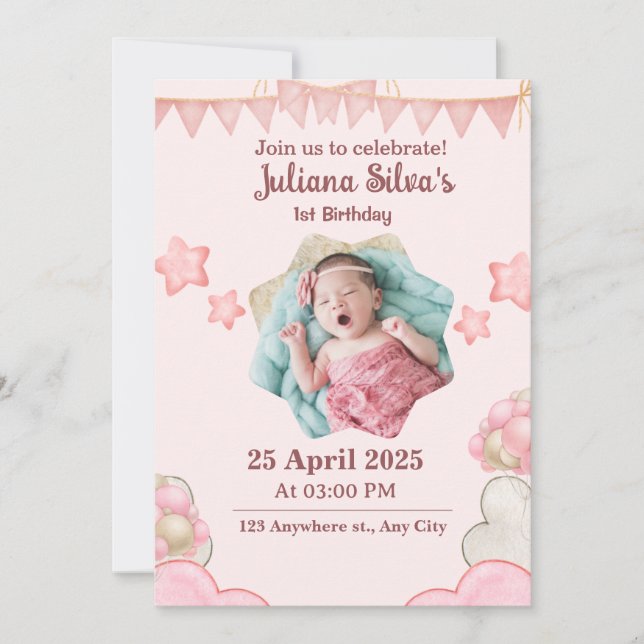 Invitación de cumpleaños moderno rosa (Anverso)