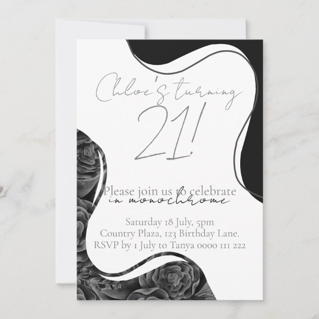 Invitación de cumpleaños monocromo - blanco y negr (Anverso)