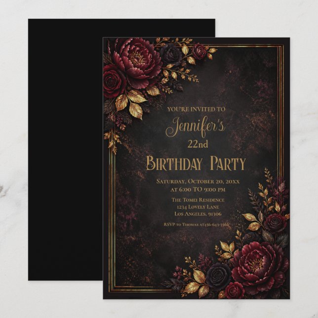 Invitación de cumpleaños Moody Flowers (Anverso / Reverso)