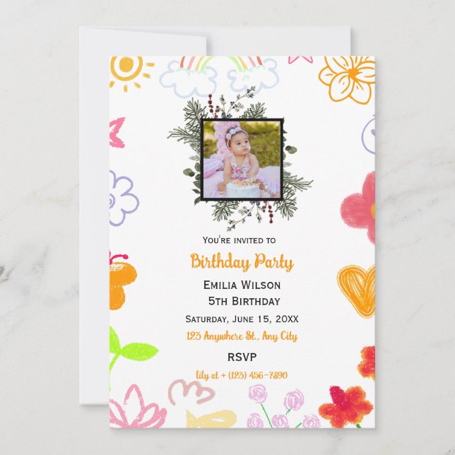 Invitación de cumpleaños morada amarilla con foto  (Anverso)