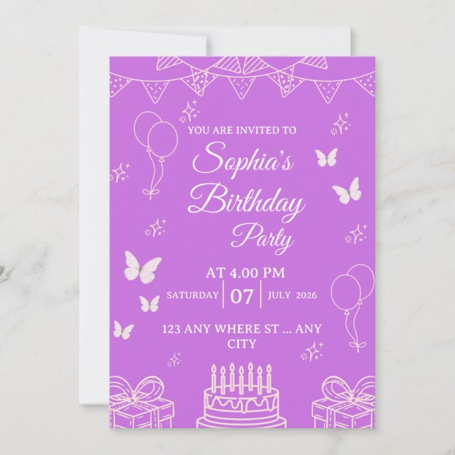 Invitación de cumpleaños morada con globos (Anverso)