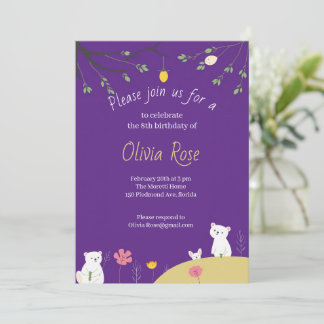 Invitación de cumpleaños morada divertida para niñ