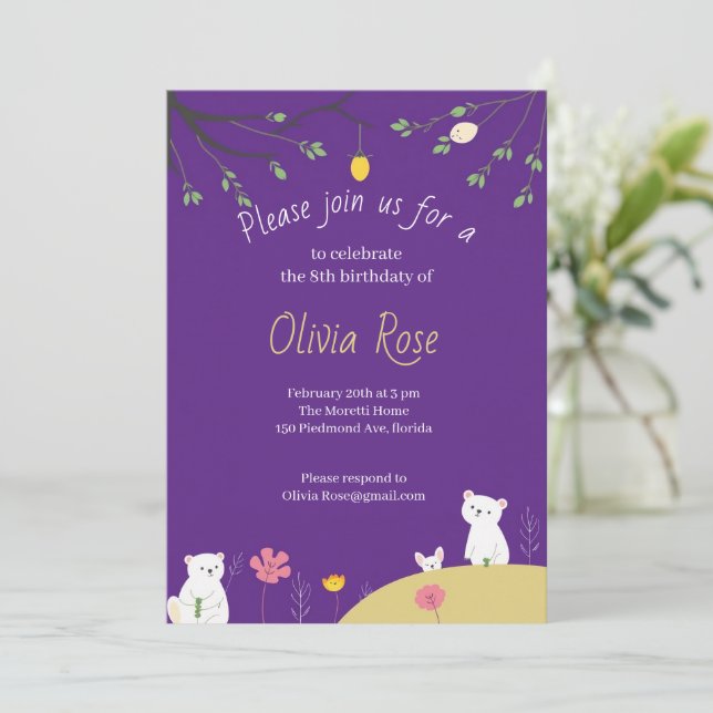 Invitación de cumpleaños morada divertida para niñ (Anverso de pie)