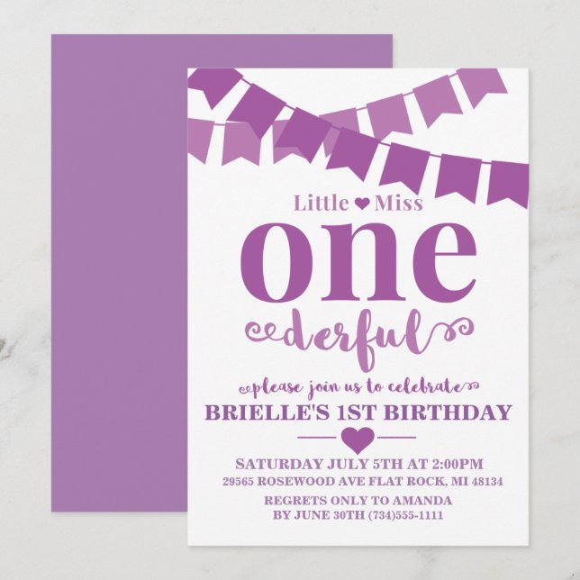 Invitación de cumpleaños morada Little Miss Oneder (Anverso / Reverso)