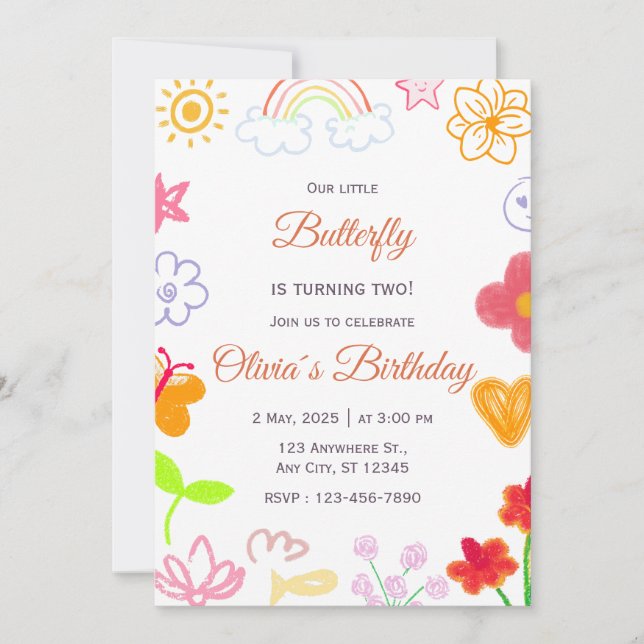 Invitación de cumpleaños morada y amarilla persona (Anverso)