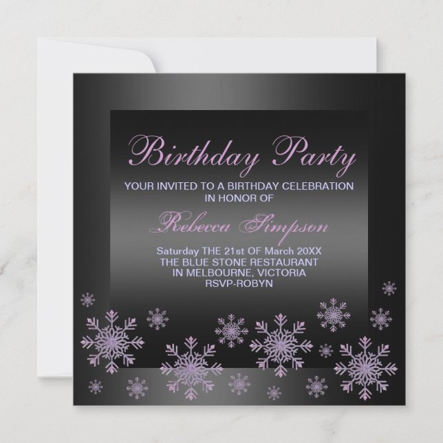 Invitación de cumpleaños morada y negra con nieve  (Anverso)