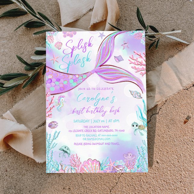 Invitación de cumpleaños morado rosado a la sirena (Subido por el creador)