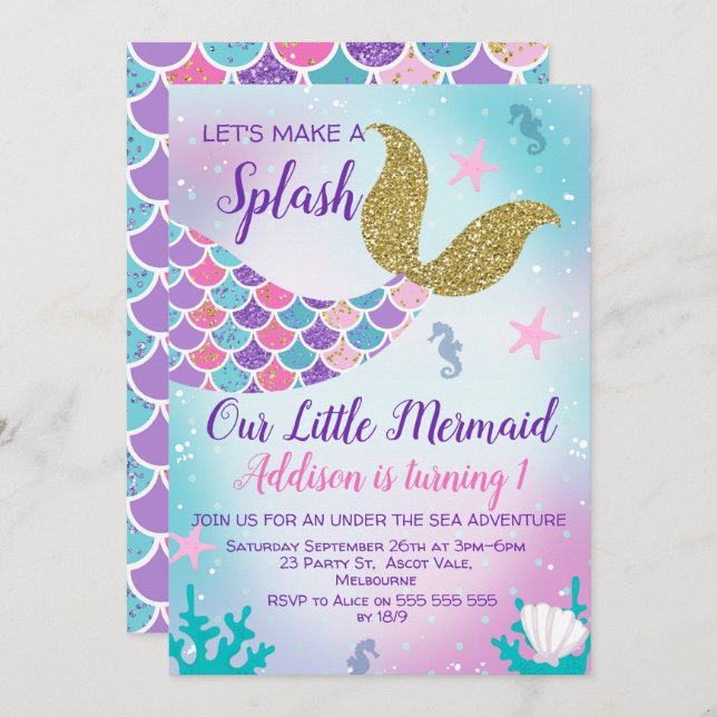Invitación de cumpleaños morado rosado a Mermaid T (Anverso / Reverso)