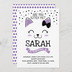 Invitación de cumpleaños, morado y negro a un gato