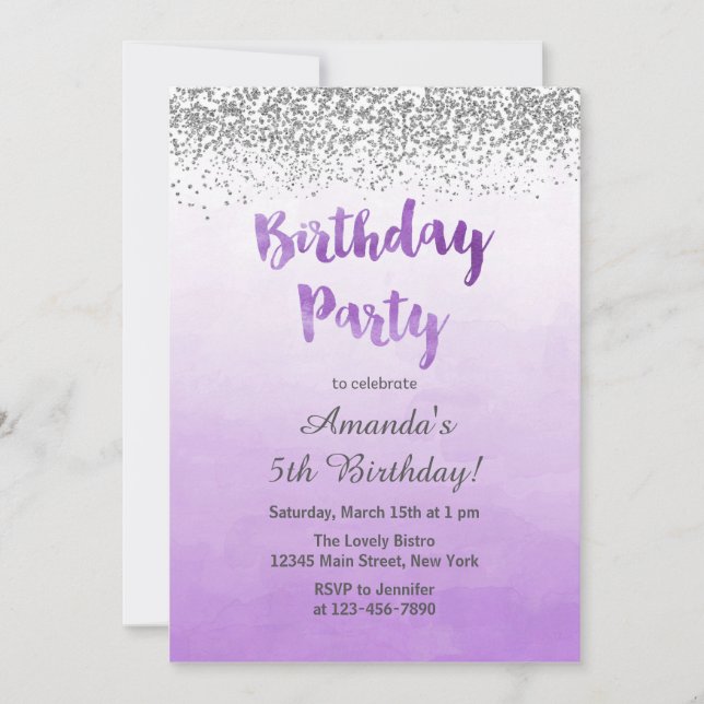 Invitación de cumpleaños morado y plateado (Anverso)