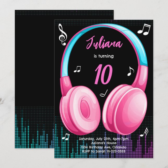 Invitación de cumpleaños musical Verde azulado ros (Anverso / Reverso)