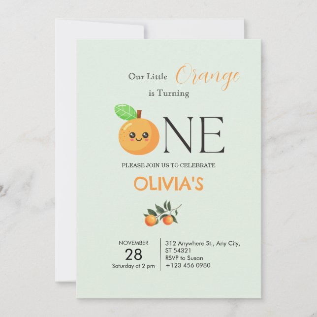 Invitación de cumpleaños naranja de Little Citrus  (Anverso)