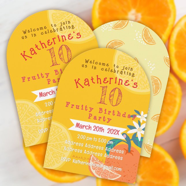 Invitación de cumpleaños naranja frutal 10º (Orange Fruity Invitation Card.)