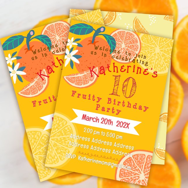 Invitación de cumpleaños naranja frutal 10º (Orange Fruity Birthday Invitation Card.)