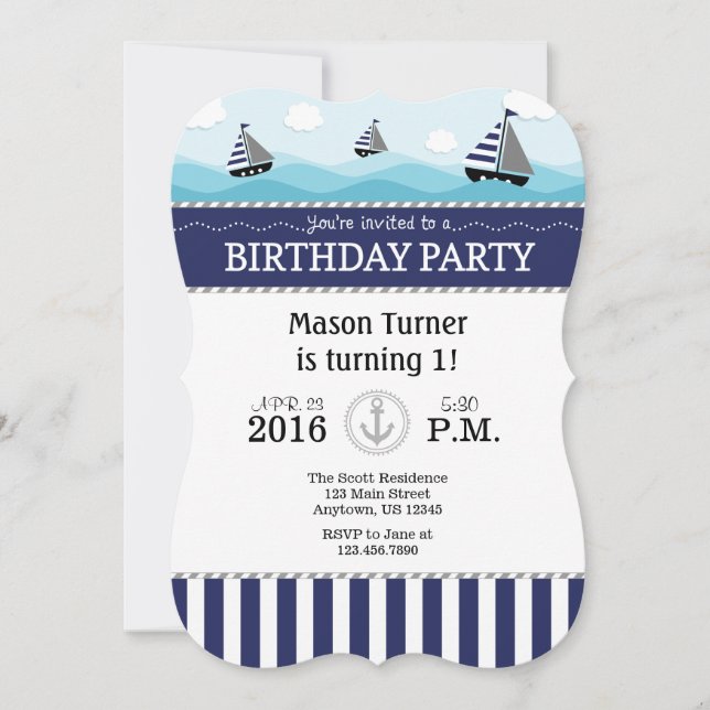 Invitación de cumpleaños Náutica Azul de la Marina (Anverso)