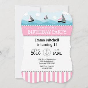Invitación de cumpleaños náutica azul rosado