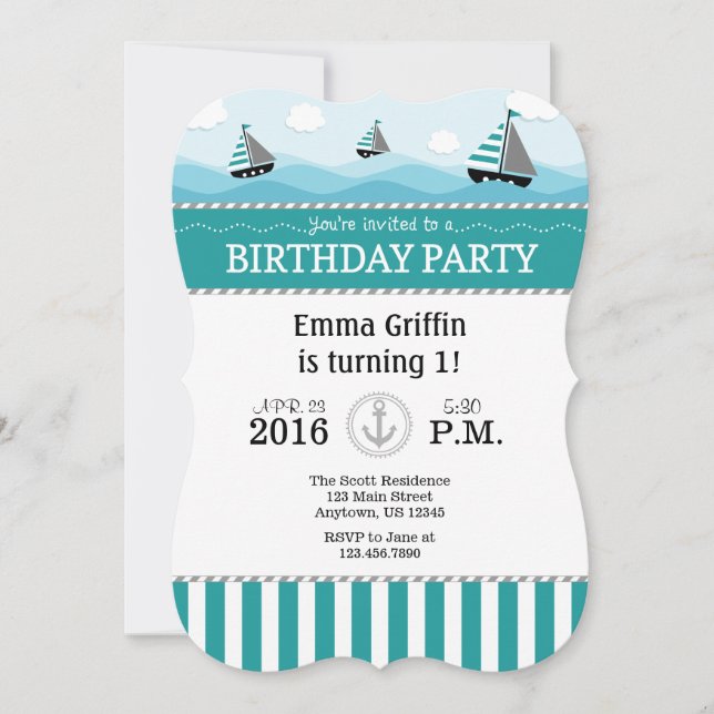 Invitación de cumpleaños náutica azul verde azulad (Anverso)