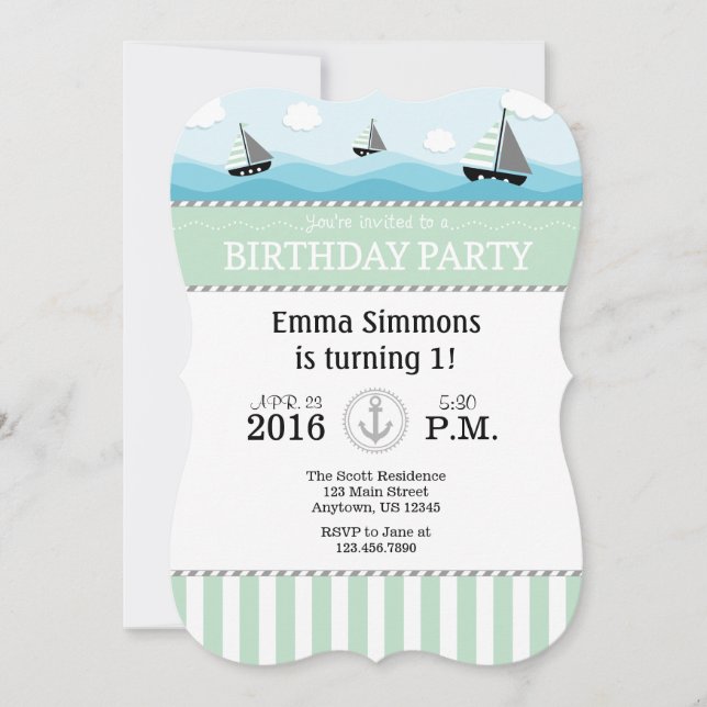 Invitación de cumpleaños náutica de Mint Green Blu (Anverso)