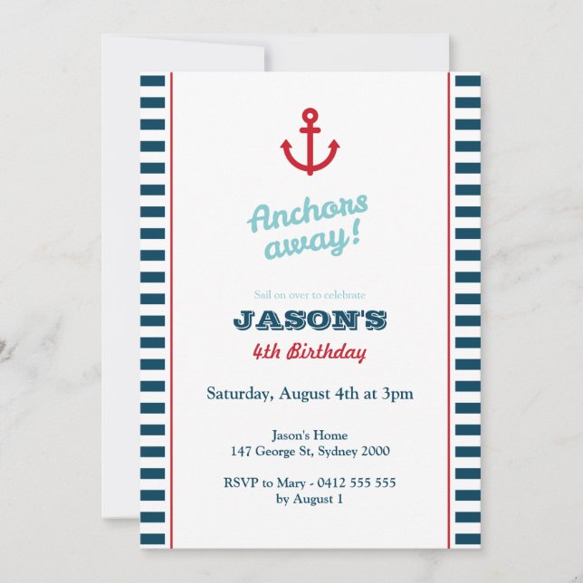 Invitación de cumpleaños náutico azul de la Marina (Anverso)
