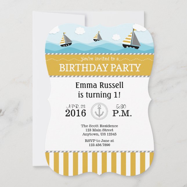 Invitación de cumpleaños náutico azul de oro (Anverso)