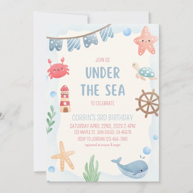 Invitación de cumpleaños náutico bajo el mar (Anverso)