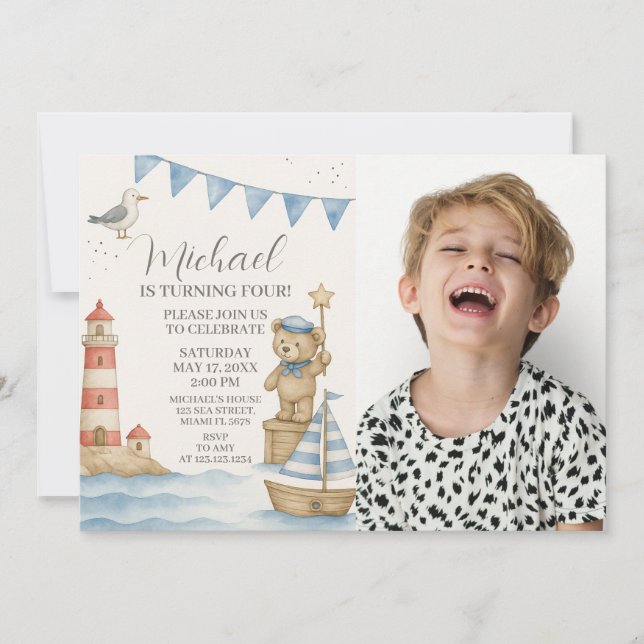 Invitación de cumpleaños náutico para niños con fo (Anverso)