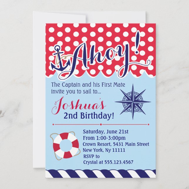 Invitación de cumpleaños náutico rojo y azul (Anverso)