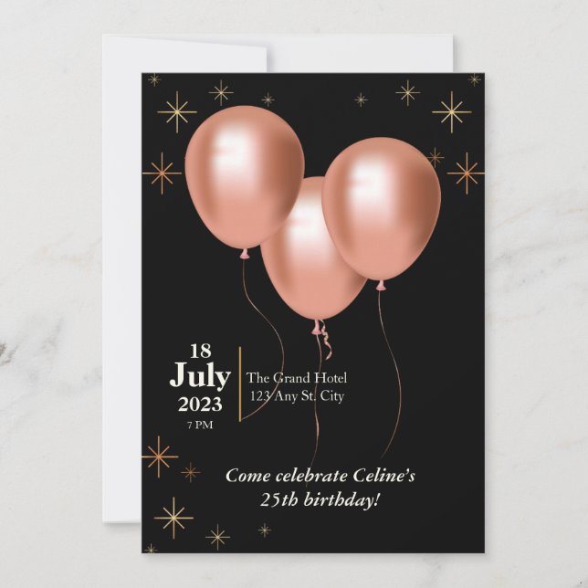 Invitación de cumpleaños - negra con globos de col (Anverso)
