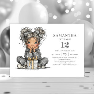Invitación de cumpleaños negra dorada para niña co