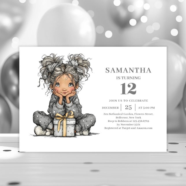 Invitación de cumpleaños negra dorada para niña co (Whimsical Chic Girl Birthday Black Gold invitation)