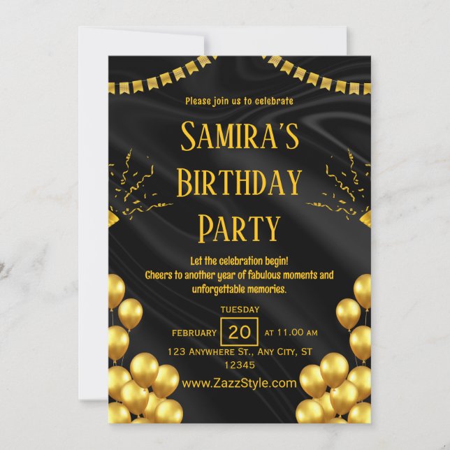 Invitación de cumpleaños negra y amarilla (Anverso)