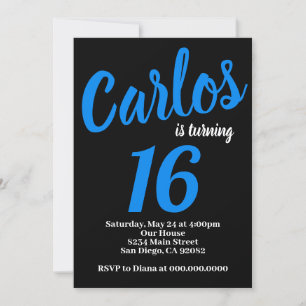 Invitación de cumpleaños negra y azul para niños y