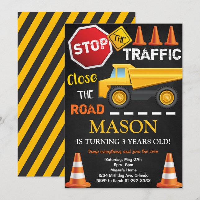 Invitación de cumpleaños negro a un camión de volc (Anverso / Reverso)