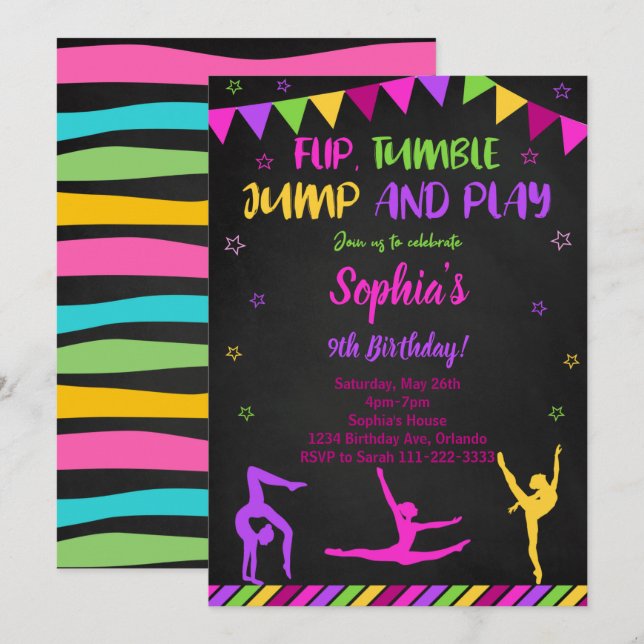 Invitación de cumpleaños negro con salto de voladi (Anverso / Reverso)