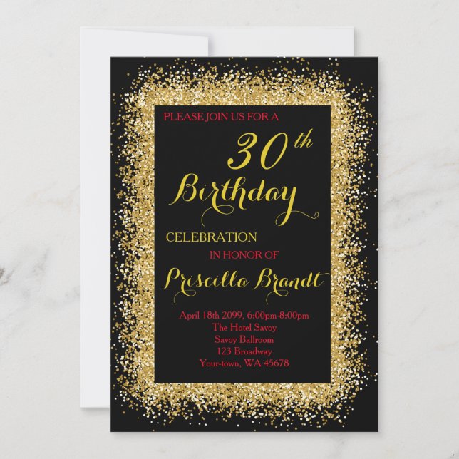 Invitación de cumpleaños, negro, confetti, purpuri (Anverso)