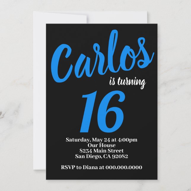 Invitación de cumpleaños negro y azul para niños C (Anverso)